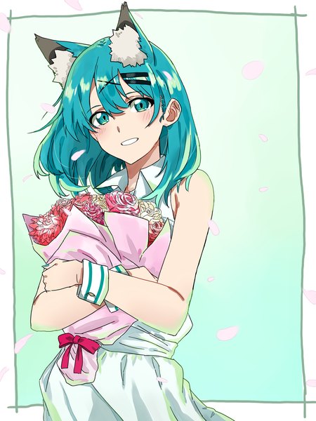 Anime picture 1944x2592 with original eir (machi) machi (wm) single long hair tall image looking at viewer blush fringe highres open mouth simple background smile hair between eyes bare shoulders animal ears head tilt aqua eyes wind aqua hair