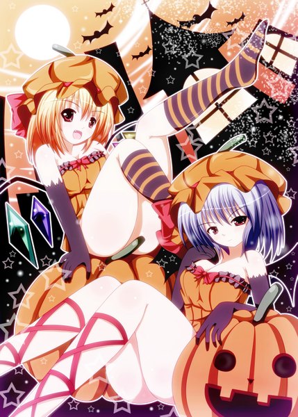 Anime picture 2591x3624 with touhou flandre scarlet remilia scarlet nekoman (nukomann) tall image highres short hair light erotic blonde hair red eyes multiple girls blue hair halloween girl 2 girls hat socks vegetables jack-o'-lantern bat