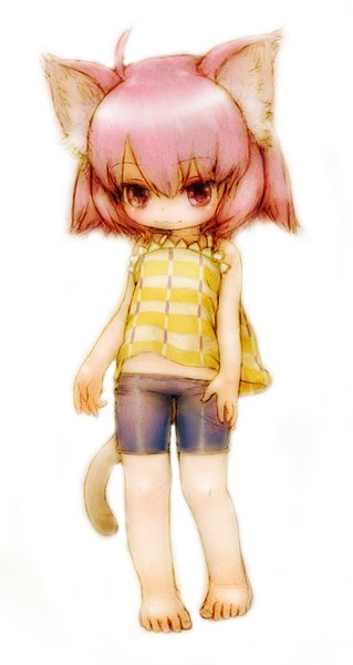 Anime picture 1200x2256 with psycho (artist) single tall image blush short hair simple background white background bare shoulders animal ears pink hair ahoge tail pink eyes barefoot light smile cat ears cat girl cat tail girl shorts