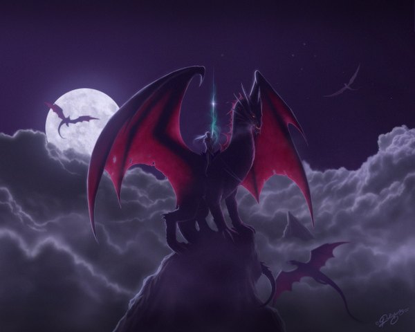 Anime picture 1280x1024 with deligaris (artist) sky cloud (clouds) magic flying boy moon star (stars) dragon