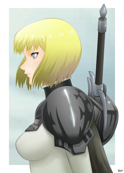 Anime picture 800x1120 with claymore madhouse clare (claymore) khalitzburg single tall image short hair blue eyes light erotic blonde hair girl weapon sword armor spaulder (spaulders)