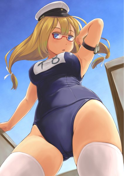 Anime picture 1020x1447 with kantai collection i-8 submarine wa (genryusui) single long hair tall image looking at viewer blush blue eyes light erotic blonde hair from below cameltoe girl thighhighs swimsuit white thighhighs glasses one-piece swimsuit cap