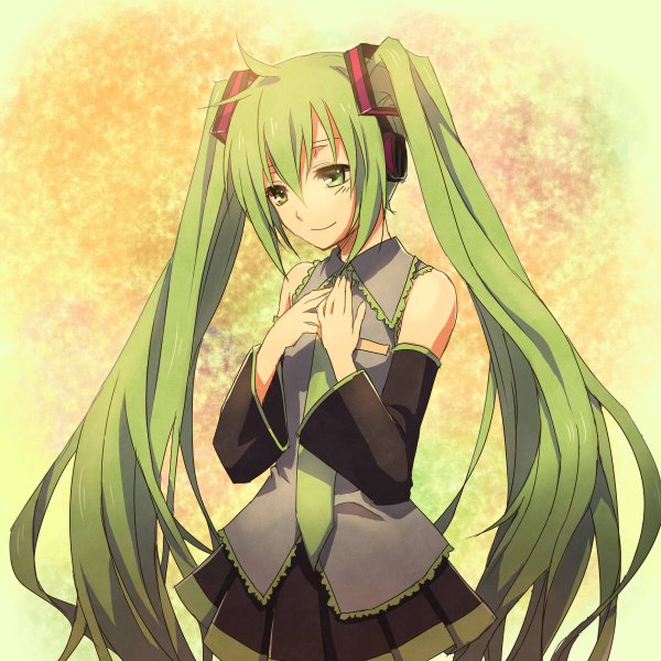 Anime picture 1200x1200 with vocaloid hatsune miku kontore (artist) single long hair smile twintails green eyes green hair girl skirt detached sleeves miniskirt necktie