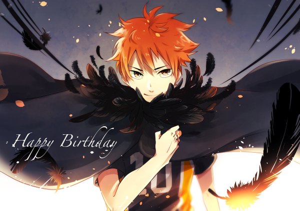 Anime picture 2679x1890 with haikyuu!! production i.g hinata shouyou hkm (hsk10) single fringe highres short hair smile brown eyes looking away orange hair happy birthday glow spiked hair smirk boy uniform petals cape