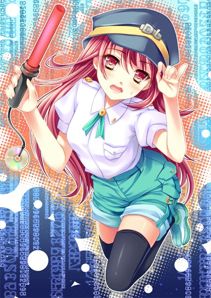 Anime picture 724x1023 with original cocoa (cafe-hotcocoa) single long hair tall image looking at viewer blush open mouth red eyes red hair police girl thighhighs uniform black thighhighs shirt shorts peaked cap police uniform