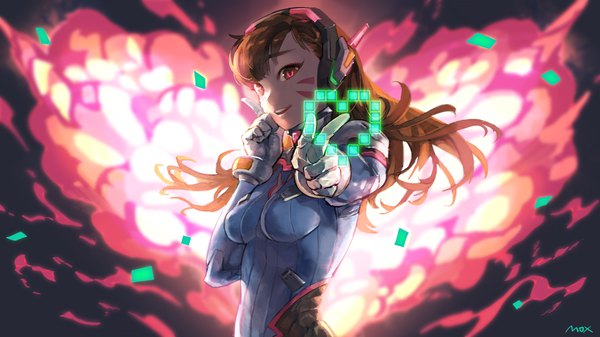 Anime picture 1920x1080 with overwatch blizzard entertainment d.va (overwatch) moxhum single long hair looking at viewer highres brown hair wide image signed upper body pink eyes outstretched arm facial mark whisker markings girl gloves white gloves heart