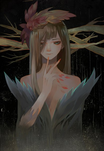Anime picture 2422x3507 with original kibi single long hair tall image fringe highres brown hair bare shoulders green eyes nail polish fingernails lips hair over one eye finger to mouth black background looking down eyebrows girl hair ornament
