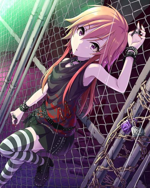 Anime picture 640x800 with idolmaster idolmaster cinderella girls ninomiya asuka single tall image fringe short hair blonde hair purple eyes bare shoulders holding payot bent knee (knees) pleated skirt arm up fingernails from above official art :o sweat