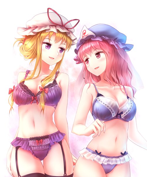 Anime picture 900x1080 with touhou yakumo yukari saigyouji yuyuko minust tall image blush fringe breasts light erotic blonde hair red eyes standing purple eyes bare shoulders multiple girls payot looking away pink hair cleavage head tilt