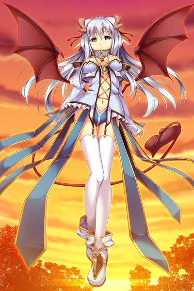 Anime picture 1024x1536 with erect! lunastia astyr piromizu long hair tall image blue eyes light erotic game cg white hair tail horn (horns) pointy ears girl thighhighs dress navel white thighhighs wings