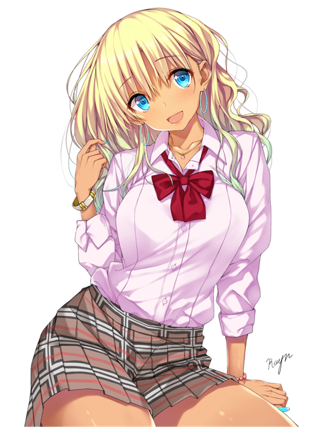Anime picture 900x1211 with original rayn single long hair tall image looking at viewer open mouth blue eyes simple background blonde hair white background signed head tilt girl skirt uniform school uniform earrings shirt bracelet