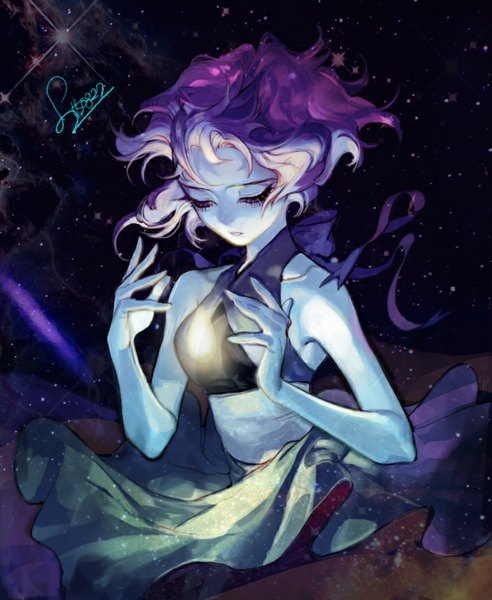 Anime picture 754x919 with steven universe lapis lazuli (steven universe) pigeon666 single tall image short hair purple hair white hair eyes closed wind night night sky looking down light dark background space blue skin girl star (stars)