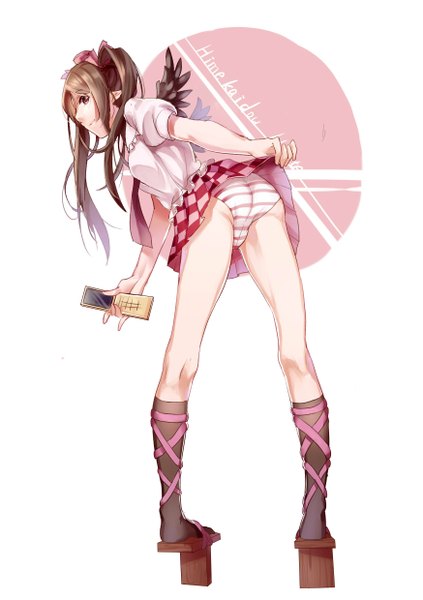 Anime picture 1748x2480 with touhou himekaidou hatate aer (tengqiu) single long hair tall image looking at viewer highres light erotic brown hair standing twintails brown eyes ass pleated skirt looking back short sleeves leaning leaning forward puffy sleeves