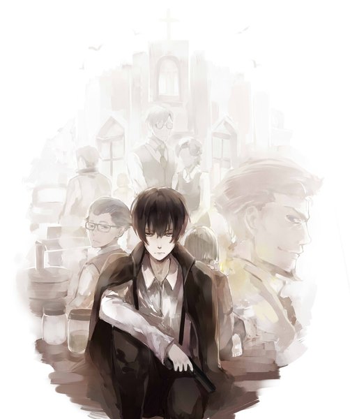 Anime picture 800x957 with 91 days avilio bruno luce lagusa corteo nero vanetti bakaroringu tall image looking at viewer fringe short hair black hair hair between eyes sitting holding looking away bent knee (knees) profile barefoot from behind open jacket