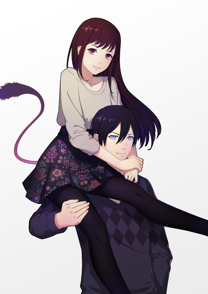 Anime picture 1240x1754 with noragami studio bones yato (noragami) iki hiyori daye bie qia lian long hair tall image looking at viewer short hair blue eyes black hair white background purple eyes tail couple girl boy skirt pantyhose black pantyhose