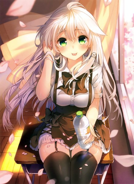 Anime picture 2548x3497 with original anceril sacred mishima kurone single long hair tall image looking at viewer highres sitting green eyes payot white hair very long hair cherry blossoms adjusting hair :p girl thighhighs uniform black thighhighs