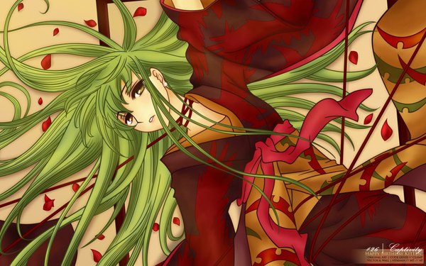 Anime picture 1920x1200 with code geass sunrise (studio) c.c. single long hair looking at viewer fringe highres wide image yellow eyes lying long sleeves traditional clothes parted lips japanese clothes green hair wide sleeves on back girl ribbon (ribbons)