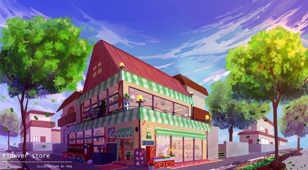 Anime picture 1016x563 with original pkq wide image signed sky cloud (clouds) no people street flower (flowers) plant (plants) tree (trees) window building (buildings) potted plant shop signboard