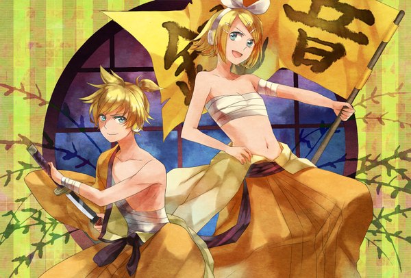 Anime picture 1712x1160 with vocaloid gekokujou (vocaloid) kagamine rin kagamine len shion (kizuro) highres short hair open mouth blue eyes blonde hair japanese clothes hand on hip siblings brother and sister girl boy navel hair ornament bow weapon