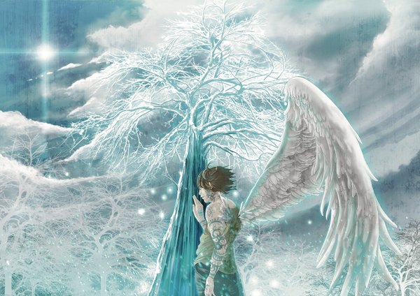 Anime picture 1500x1060 with original fusui single short hair brown hair sky cloud (clouds) angel wings fantasy angel bodypaint boy plant (plants) wings tree (trees) pants
