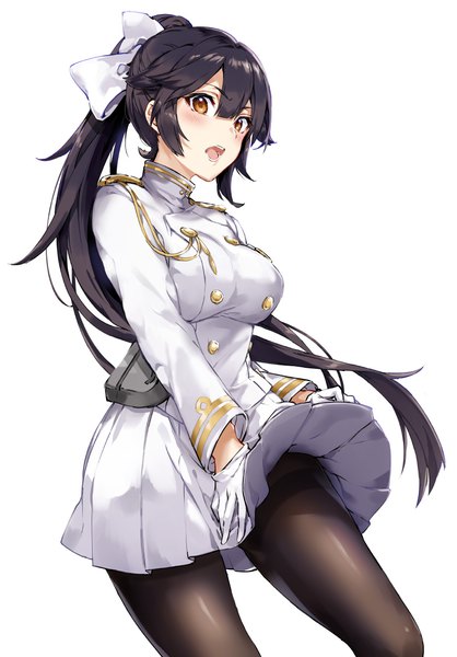 Anime picture 800x1147 with azur lane takao (azur lane) arisaka ako single long hair tall image looking at viewer blush fringe breasts open mouth black hair simple background hair between eyes white background brown eyes ponytail long sleeves pleated skirt wind