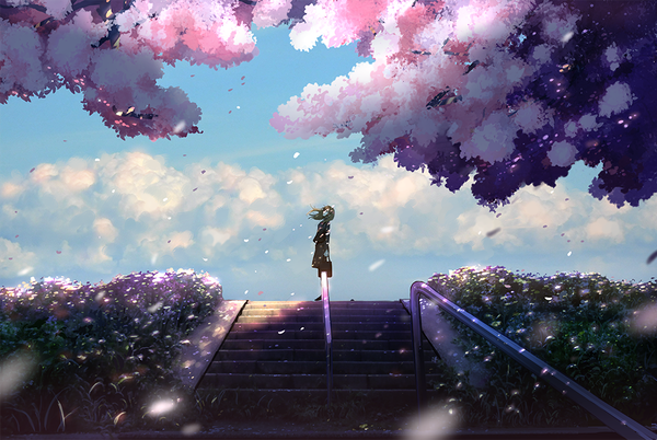 Anime picture 1000x671 with original mi ki mo9541 single long hair brown hair holding sky cloud (clouds) full body outdoors profile wind shadow from below cherry blossoms looking up girl skirt uniform flower (flowers)
