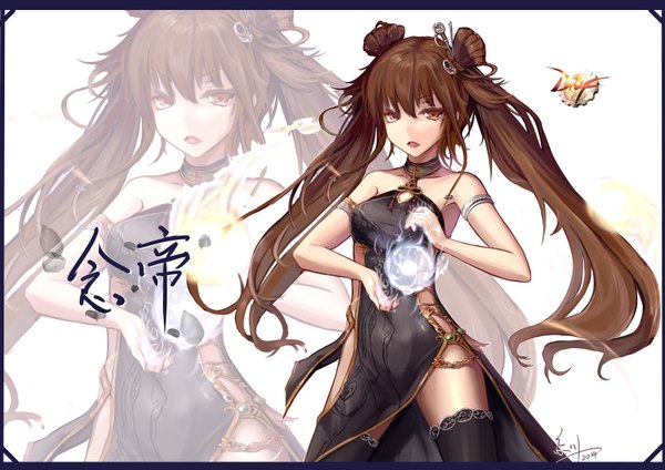 Anime picture 1737x1228 with dungeon and fighter wangchuan de quanyan single long hair looking at viewer highres brown hair twintails bare shoulders brown eyes magic chinese clothes girl thighhighs black thighhighs chinese dress