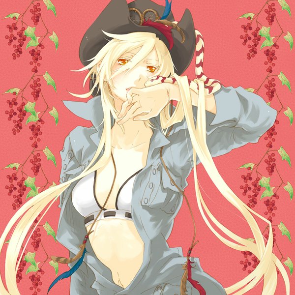 Anime picture 800x800 with original isshoku (shiki) single long hair fringe breasts blonde hair holding looking away parted lips lips open clothes orange eyes mouth hold arched back girl navel plant (plants) hat animal
