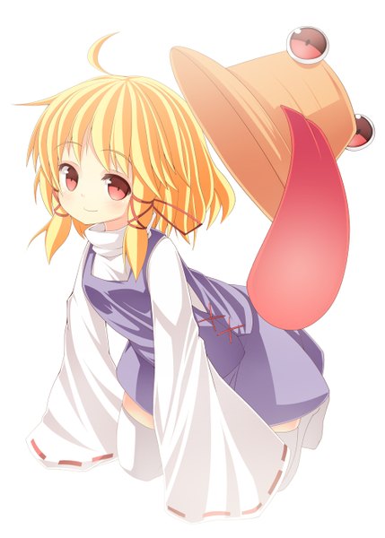 Anime picture 1000x1399 with touhou moriya suwako gamuo single tall image short hair simple background blonde hair red eyes white background long sleeves girl thighhighs hat white thighhighs