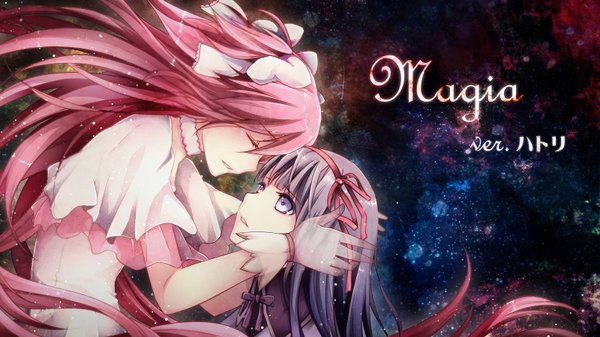 Anime picture 1600x900 with mahou shoujo madoka magica shaft (studio) akemi homura kaname madoka goddess madoka nyaroro (artist) long hair wide image purple eyes multiple girls pink hair purple hair eyes closed very long hair inscription face to face girl dress gloves bow