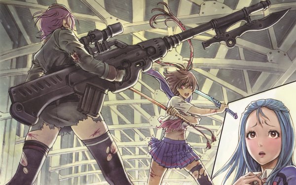 Anime picture 1920x1200 with itou (onsoku tassha) long hair highres short hair open mouth wide image standing multiple girls brown eyes blue hair pleated skirt from below zettai ryouiki back fighting stance battle girl thighhighs skirt uniform