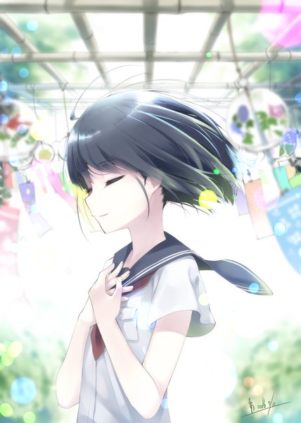 Anime picture 1013x1421 with original makadamia single tall image fringe short hair black hair signed ahoge outdoors light smile wind sunlight blurry short sleeves lens flare hand on chest hands clasped girl uniform