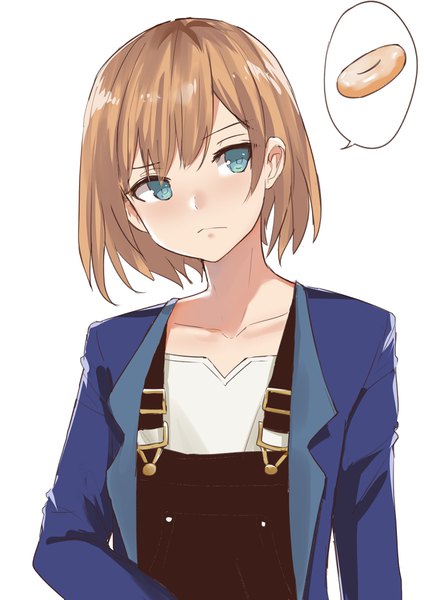 Anime picture 2894x4093 with shirobako p.a. works miyamori aoi norman maggot single tall image blush fringe highres short hair simple background blonde hair white background looking away upper body aqua eyes girl food speech bubble doughnut