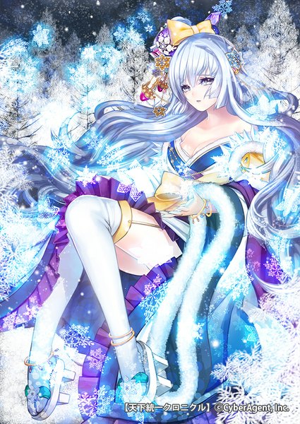 Anime picture 724x1023 with original garam single long hair tall image looking at viewer blue eyes sitting silver hair legs girl thighhighs dress hair ornament white thighhighs snowflake (snowflakes)