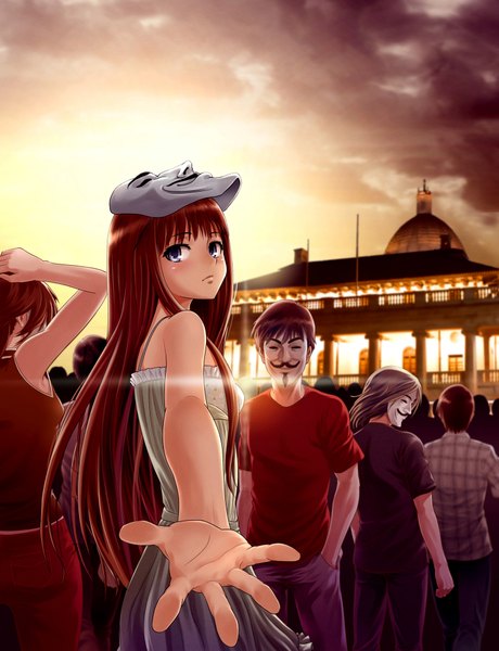 Anime picture 1500x1956 with v for vendetta denhijou niki long hair tall image purple eyes red hair looking back from behind outstretched arm evening sunset mask on head girl boy shirt building (buildings) mask sundress t-shirt