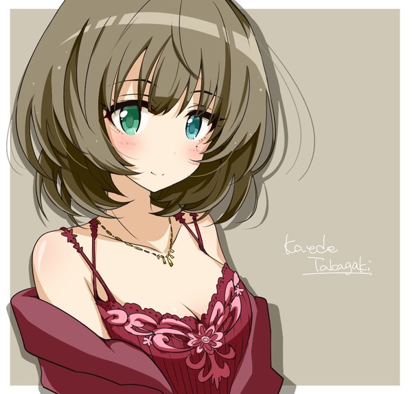 Anime picture 1024x979 with idolmaster idolmaster cinderella girls takagaki kaede syno single looking at viewer blush short hair simple background smile brown hair bare shoulders inscription character names heterochromia framed girl necklace