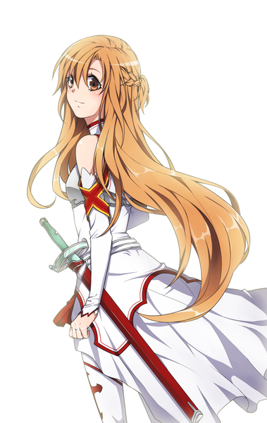 Anime picture 1300x2056 with sword art online a-1 pictures yuuki asuna hinomiya (wls0910) single long hair tall image simple background brown hair white background brown eyes girl dress weapon detached sleeves sword cloak