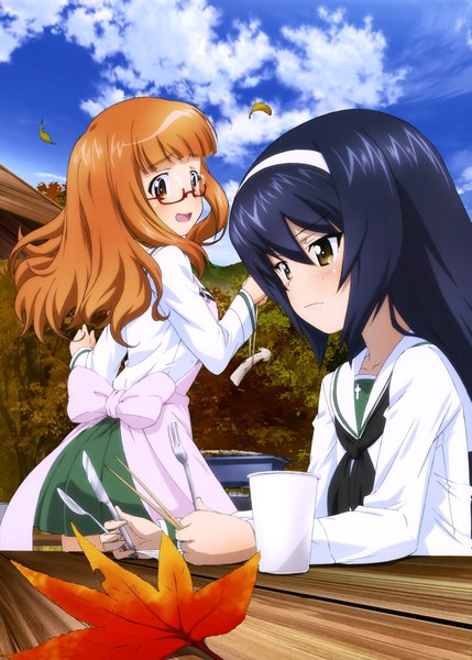 Anime picture 2897x4051 with girls und panzer takebe saori reizei mako long hair tall image blush highres open mouth black hair multiple girls brown eyes sky cloud (clouds) scan orange hair official art cooking girl 2 girls glasses