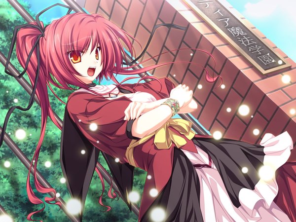 Anime picture 1600x1200 with magus tale whirlpool (studio) seera finis victoria tenmaso single long hair open mouth red eyes game cg ponytail red hair wind side ponytail crossed arms girl ribbon (ribbons) hair ribbon bracelet insect fireflies
