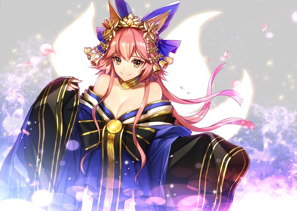 Anime picture 1200x854 with fate (series) fate/extra fate/extella tamamo (fate) (all) tamamo no mae (fate) eu (euspia) single long hair looking at viewer fringe breasts smile hair between eyes large breasts bare shoulders brown eyes animal ears yellow eyes payot pink hair