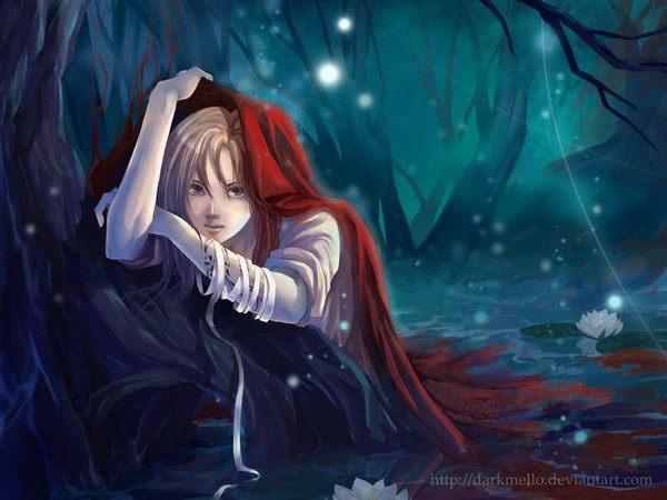 Anime picture 1024x768 with original darkmello blonde hair boy tree (trees) water bandage (bandages) coat forest fireflies water lily