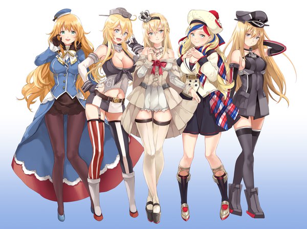 Anime picture 2100x1567 with kantai collection atago heavy cruiser bismarck battleship iowa (kantai collection) warspite (kantai collection) commandant teste (kantai collection) shiosoda long hair looking at viewer fringe highres breasts open mouth blue eyes light erotic simple background blonde hair hair between eyes large breasts standing