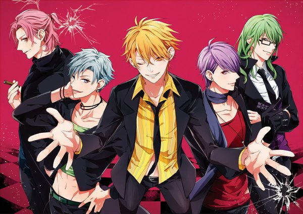 Anime picture 1158x819 with lucky dog giulio di bondone gian carlo bernardo ortolani ivan fiore luchino gregoretti komichi96 long hair fringe short hair open mouth simple background blonde hair smile hair between eyes purple eyes green eyes yellow eyes blue hair pink hair