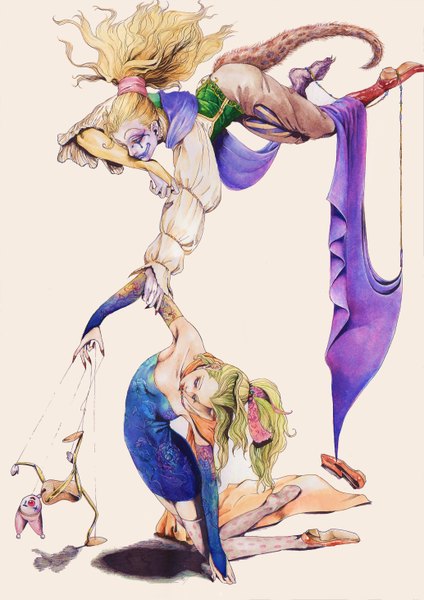Anime picture 2067x2923 with final fantasy final fantasy vi dissidia final fantasy square enix tina branford cefca palazzo yojohann long hair tall image highres blue eyes simple background blonde hair smile white background bare shoulders holding green eyes ponytail tail
