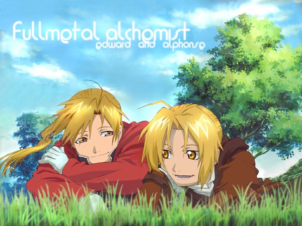 Anime picture 1024x768 with fullmetal alchemist fullmetal alchemist brotherhood studio bones edward elric alphonse elric long hair open mouth blonde hair smile yellow eyes sky cloud (clouds) lying inscription multiple boys boy gloves plant (plants) tree (trees) 2 boys