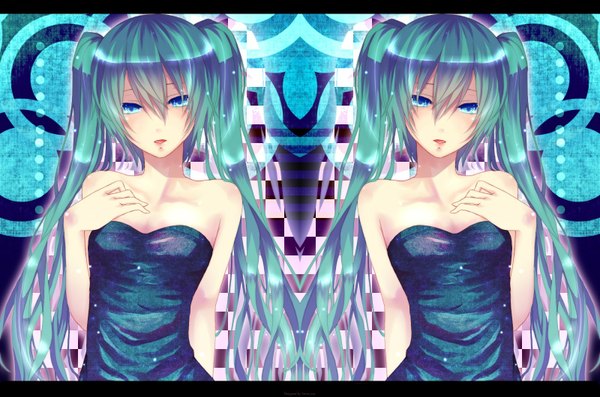 Anime picture 1600x1060 with vocaloid hatsune miku long hair blue eyes twintails bare shoulders multiple girls green hair symmetry girl 2 girls