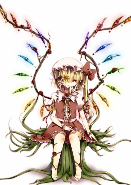 Anime picture 1413x2000 with touhou flandre scarlet tepes (artist) single tall image short hair blonde hair red eyes barefoot girl dress wings bonnet crystal