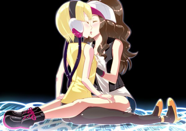 Anime picture 1000x706 with pokemon pokemon black and white nintendo hilda (pokemon) elesa (pokemon) amasora taichi long hair blush short hair light erotic blonde hair brown hair sitting bare shoulders multiple girls eyes closed bare legs black background flat chest wavy hair