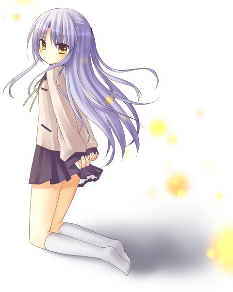 Anime picture 1500x1875 with angel beats! key (studio) tachibana kanade amane kurumi single long hair tall image blush white background yellow eyes silver hair looking back kneeling light girl uniform school uniform socks white socks