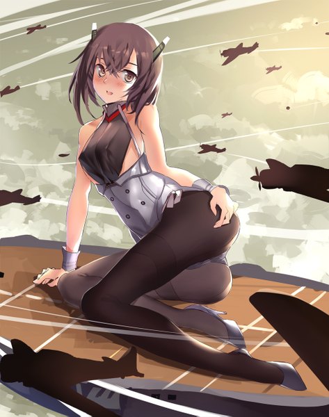 Anime picture 1000x1267 with kantai collection taihou armored aircraft carrier miyazaki byou single tall image looking at viewer blush short hair light erotic brown hair sitting brown eyes high heels erect nipples covered nipples girl underwear panties pantyhose armor